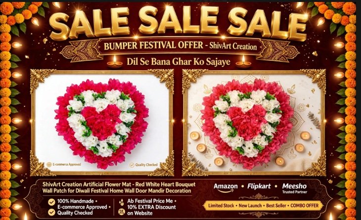 Red White Heart Bouquet Wall Patch for Diwali Festival Home Wall Door Mandir Decoration