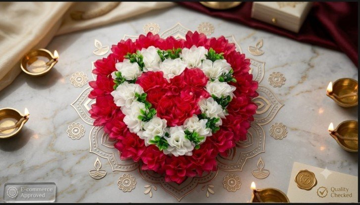 Red White Heart Bouquet Wall Patch for Diwali Festival Home Wall Door Mandir Decoration